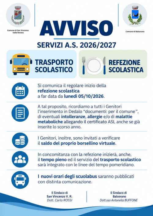 Avvio dei Servizi Scolastici A.S. 2026/2027: Refezione, Trasporto e Tempo Pien