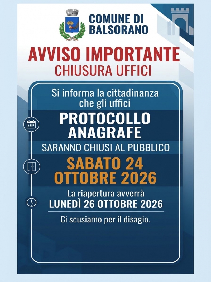 Chiusura temporanea Uffici Protocollo e Anagrafe nella giornata di sabato 24 ottobre 2026